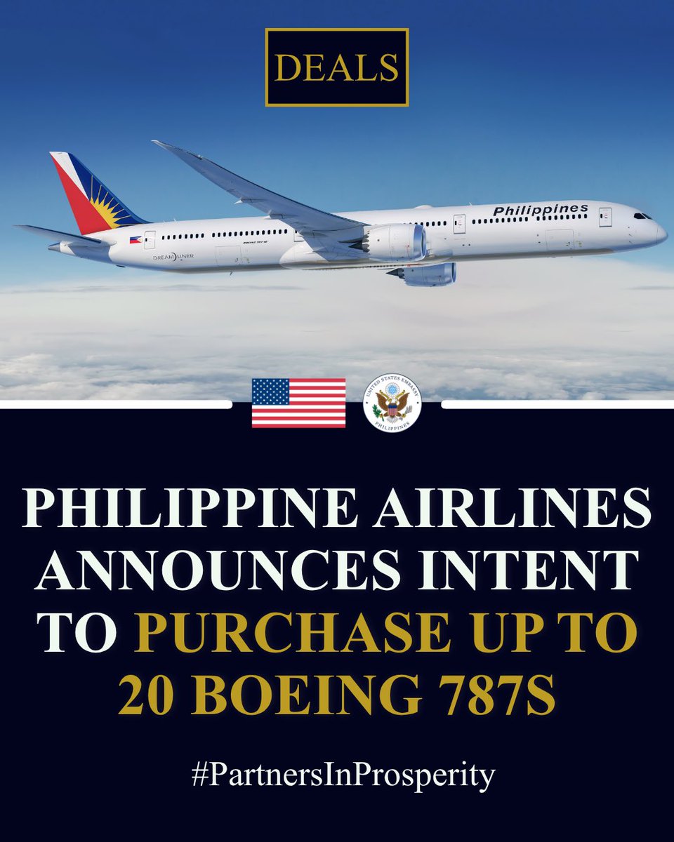USAmbPH's tweet photo. I am so excited that our Embassy can highlight this TREMENDOUS milestone in the U.S.-Philippines business and trade relationship. With aviation experts estimating this deal's value at $3.4 billion, it's a huge win for U.S. companies. We are truly #PartnersinProsperity. https://t.co/3Eqvh3IadH