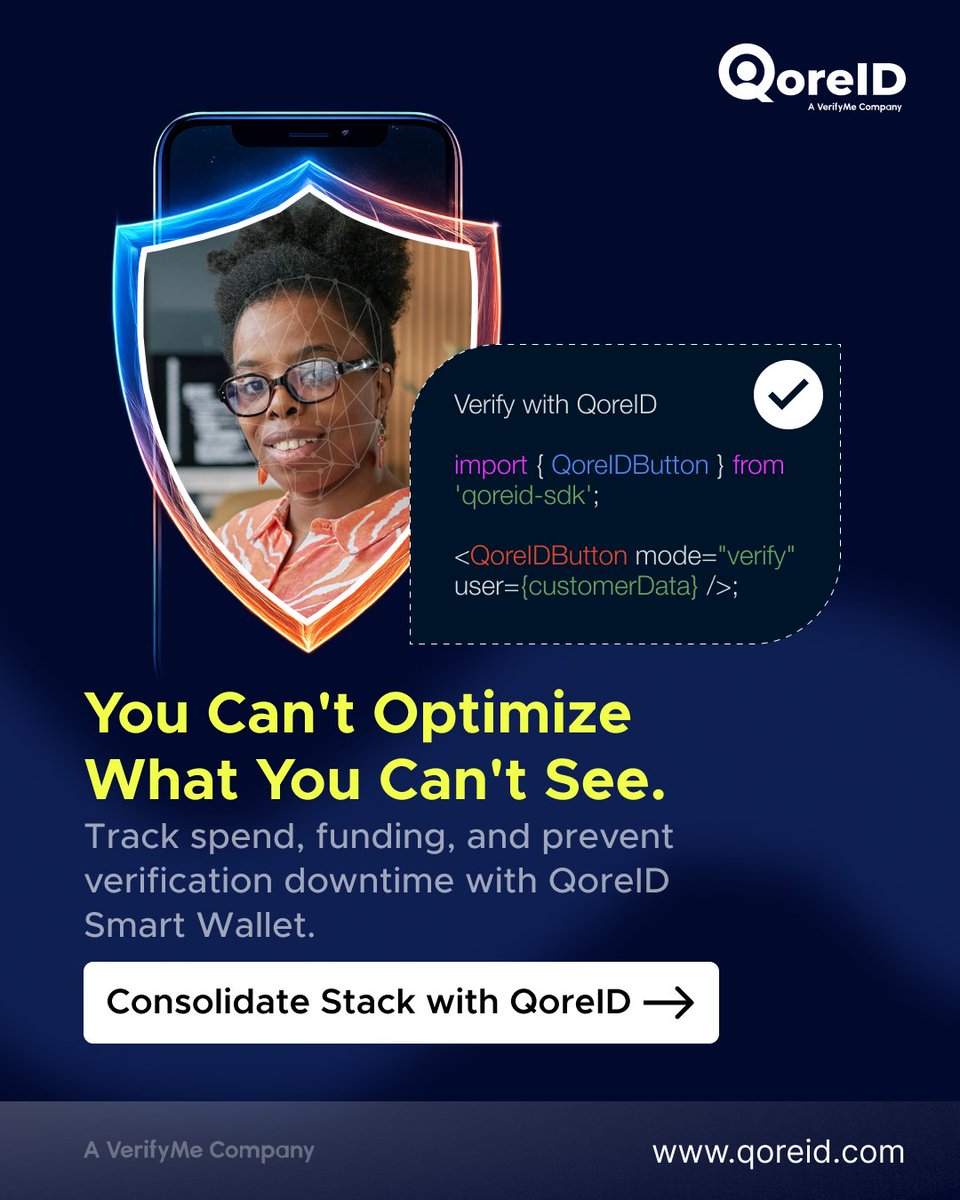 getqoreid's tweet photo. You can't optimize what you can't measure.

That's why QoreID Smart Wallet was built to provide businesses with greater visibility, control, and predictability across their verification operations.

Track spend. Monitor funding. Prevent downtime. 

#QoreID #Compliance #KYC https://t.co/fu2ZQCX5kz