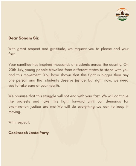AajGothi's tweet photo. CJP’s Request To Sonam Sir, 

Your sacrifice has inspired a generation. We respectfully request you to end your fast and take care of your health. We promise that the fight for examination justice will continue with even greater strength until our demands are met.@DelhiPolice https://t.co/IqZLkKgrUd