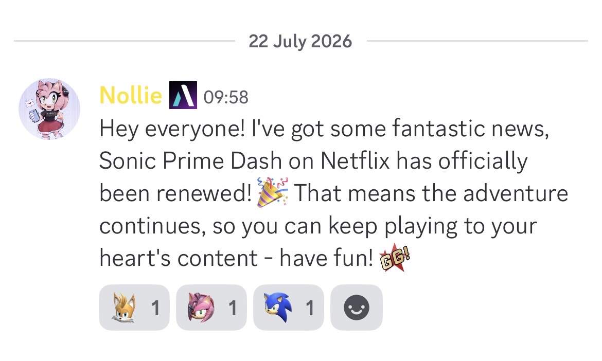 Flauretzartz's tweet photo. BREAKING: Today, we got fantastic news regarding "Sonic Prime Dash" and the retirement that was planed for July 12th. It has been announced on Discord that the game has been renewed. We don’t know for how long, but we hope that we’ll play our "heart’s content" for generations!💕 https://t.co/tC4l4A5gTe