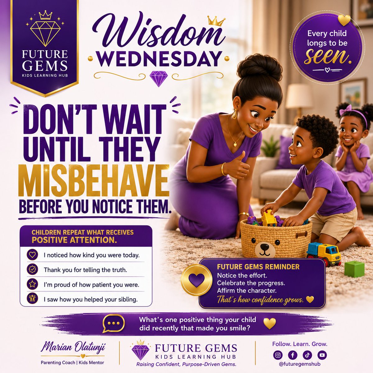 FutureGKLH's tweet photo. Children flourish where they're consistently seen, encouraged, and appreciated.
Don't let correction become the loudest voice they hear.
#WisdomWednesday #FutureGems https://t.co/BukLyyft3J