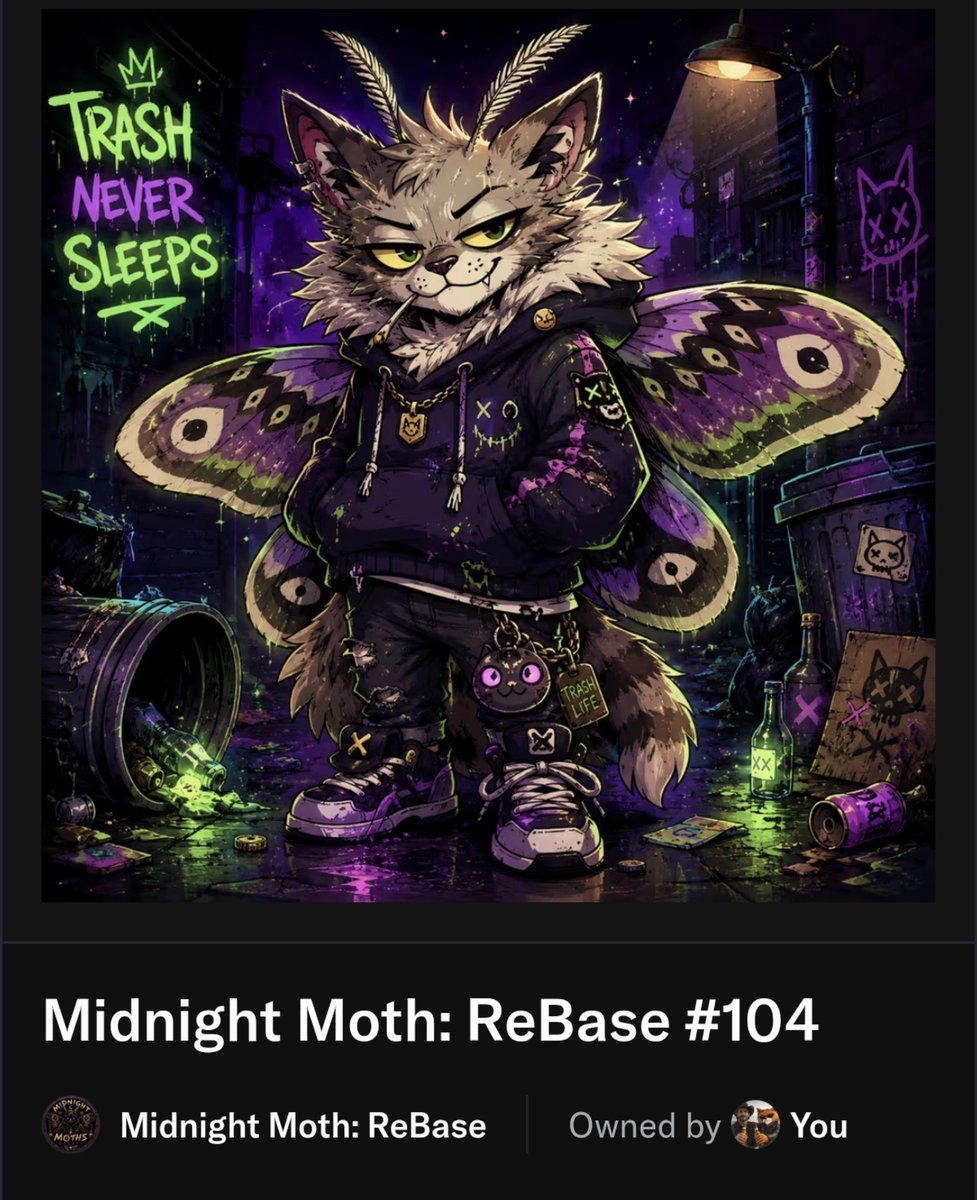 Queen_Bit_coin's tweet photo. Gm 

I have my piece of art 👌 

Trash never sleeps 😸🦋

Check the NFT collection 
Midnight Moth ReBase 🟦
https://t.co/h7A4dF1HRK

@mothvslamp 💡 @Trash_On_Base https://t.co/S2od6R8dNZ