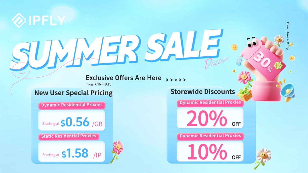 ipflyproxy's tweet photo. ☀️ IPFLY Summer Sale Is Live！
New Users
🎁 Sign up to get 30% OFF (valid for 7 days).
Combine it with the summer sale:
🏠 Dynamic Residential Proxies from $0.56/GB
🏠 Static Residential Proxies from $1.58/IP
⏰time： July 16 – August 15
👉 our website：https://t.co/5NKNn0y4ay https://t.co/w7MNpYkbaz