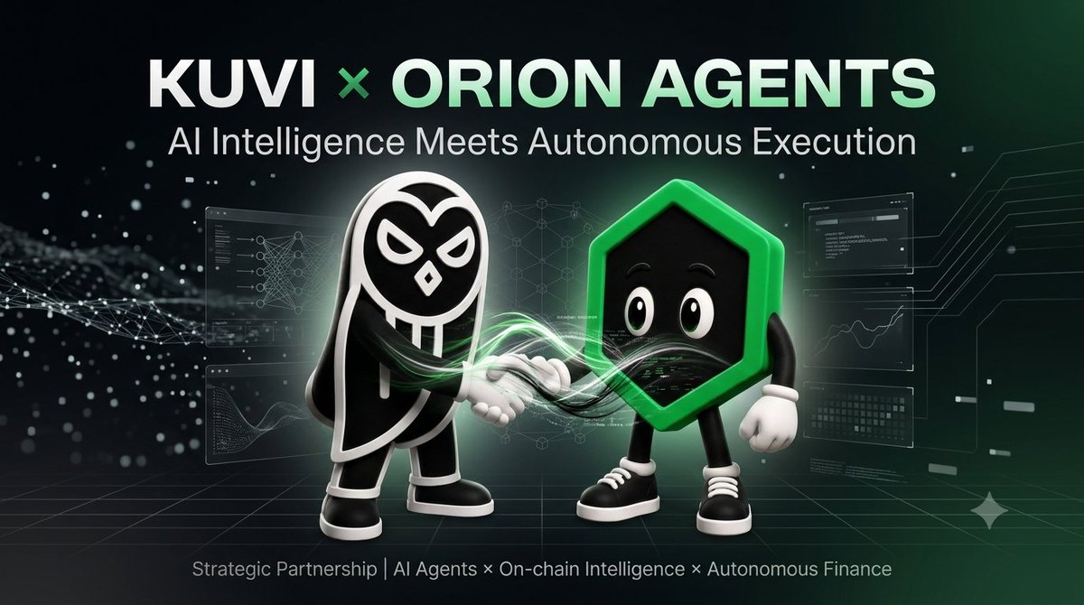 BigKenz_01's tweet photo. A partnership just happened in the AI ecosystem that you're yet to be aware of or positioned for.

Read till the end and find an opportunity to position for if you're a creator.

The partnership is what I call the combination of AI-powered execution with AI-powered intelligence.

And it is between @kuvilabs and @Orion_Agents.

Now before we go deeper, let's take a look at what each projects does in the AI space.

you know that feeling when you spot a trading opportunity 

you've got your charts open, 

your wallet connected, 

a portfolio dashboard tracking your positions, 

another tab comparing yields or liquidity, 

and you're double-checking market conditions before pulling the trigger.

Then you stop and wonder...

"Am I missing something?"

By the time you've done your due diligence, the opportunity has already moved.

That's the friction @kuvilabs is solving.

Instead of juggling multiple apps and making every decision manually, you simply tell AI what you want:

"Find the best opportunity and execute within my risk limits."

The AI agent researches the market, monitors opportunities, and executes the workflow on-chain all while you remain in full control of your assets.

In simple terms, you just type what you need and @kuvilabs gets it done for you.

The most interesting part is the updates that @kuvilabs get which @pausilcor1 constantly explains in the Kuvi inner circle.

Now for @Orion_Agents,

Orion focuses on AI agents that continuously monitor information and generate actionable intelligence.

Think of it as giving verifiable AI agents a constant stream of context instead of making decisions with stale information.

If an agent has better context...
it makes better decisions.

The partnership gives users AI-powered execution.

Orion strengthens the intelligence feeding those executions.

That means:
➜ Richer market context 
➜ Better signal detection 
➜ Smarter automation 
➜ Less manual research
➜ Verifiable AI agents

Instead of users spending hours filtering noise...

their AI agent can process it continuously.

And in combination with Kuvi,you get
➜ better decision support
➜ faster reaction to market events
➜ more intelligent automated strategies

The value isn't just automation.
It's higher-quality automation.

This partnership reflects where AI x Crypto is heading.

The future won't be projects competing to build everything.

It'll be specialized AI systems working together:

One generates intelligence.

Another manages execution.

Another handles payments.

Another manages identity.

Together they create autonomous financial workflows.

The Kuvi × Orion partnership is reducing the gap between knowing and doing in on-chain finance.

And that's exactly where agentic finance is heading.

For the opportunity I stated at the beginning, @Orion_agents is looking for ambassadors.

Get started here. 

https://t.co/oMBM2JMBv0

See you at the top.