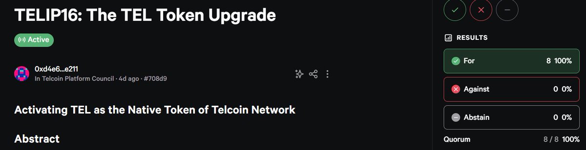 TelcoinFan's tweet photo. #Telcoin upgrade vote runs until the 25th. However, 8 of 8 voters have unanimously passed the resolution.
@TelcoinTAO TELIP16 will pass. The upgrade from 2DP #Tel2 to 18DP #Tel3 is coming.
Brings $TEL in-line with #EVM standards & removes roadblocks.
Be ready. $TEL the 🌍 https://t.co/EAAd9wrrXp