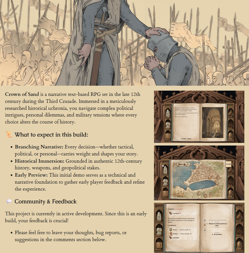 CrownOfSandGame's tweet photo. Here’s a sneak peek at our WIP https://t.co/XjsgM7uHeI page! ⚔️  

We can’t wait to share our first demo with you!

Stay tuned and join our Discord (link below) to be the first to know when the demo drops. 👇 https://t.co/KUWbn4rBrq