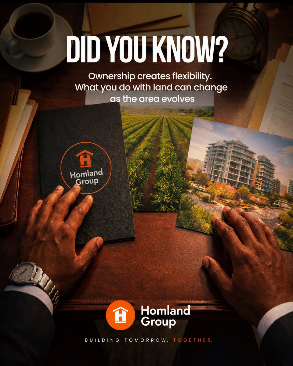 homlandgrouphq's tweet photo. Owning land gives you more than a title it gives you options.
Today's plot could become tomorrow's biggest asset. Invest early. Secure your future.
What would you build? 👇
#LandInvestment #RealEstate #HomlandGroup https://t.co/qsWn2soymC