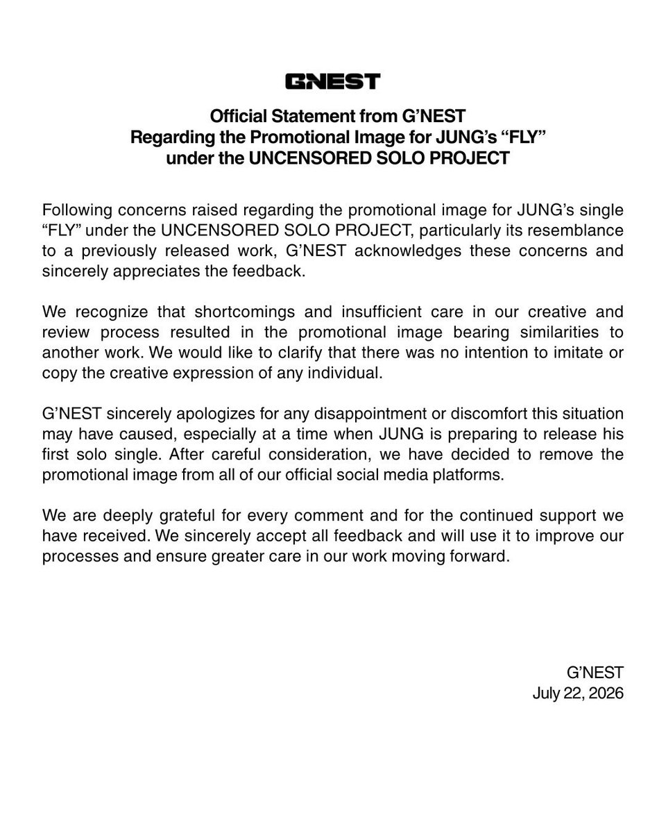 gnest_official's tweet photo. ประกาศจาก G'NEST  
เรื่อง ชี้แจงเกี่ยวกับภาพโปรโมตเพลง “FLY” ของ JUNG ภายใต้ UNCENSORED SOLO PROJECT

#FLY_JUNGxFHERO
#PERSES_UNCENSORED
#JUNG_PERSES #PERSES_TH
#GNEST https://t.co/WR78CpGRNp