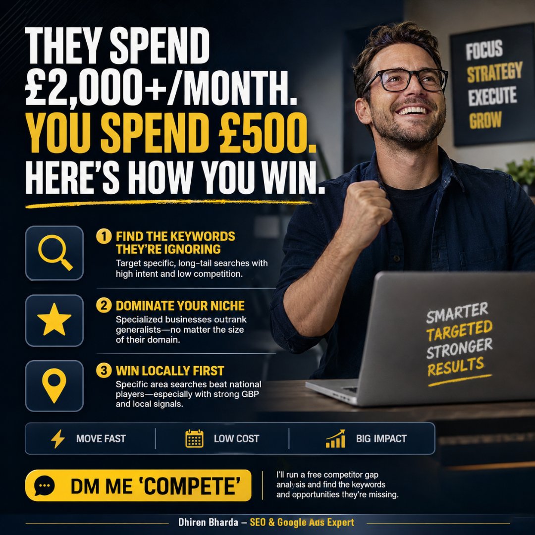 dhirenbharda's tweet photo. Your top 3 competitors are spending £2,000+/month on SEO. Your budget is £500. Here's how to win anyway.

Here's how to win anyway.

The mistake small businesses make: trying to compete on the same keywords as large competitors.

"Accountant London" — 3 national firms, 2 comparison sites, HMRC, Which?.

You can't outrank them on that term with a £500 budget.

But you don't need to.

Here's the strategy that works:

1. Find the keywords they're ignoring.

Big competitors target broad, high-volume terms.

They rarely target specific, longer queries — despite those queries having much higher conversion rates.

"Accountant for self-employed creative freelancers London" — 90 searches/month.

Competition: almost zero.

Intent: extremely high.

2. Dominate your specific niche.

An accountant who specifically serves NHS doctors.
A solicitor who specifically handles equine law.
An IT company specifically for dental practices.

Specialists outrank generalists for specific searches — regardless of domain authority.

3. Win locally before you win broadly.

"Accountant [specific area]" beats the national firms in that area every time — if your GBP and local signals are strong.

The small budget advantage:

You can move fast.

A one-page pivot takes you a week.

A national firm takes a quarter.

Use it.

📩 DM me 'COMPETE' — I'll run a free competitor gap analysis and find the specific keywords and opportunities your bigger competitors are missing.

#SEO #CompetitorAnalysis #DigitalMarketing #MarketingStrategy #SmallBusiness