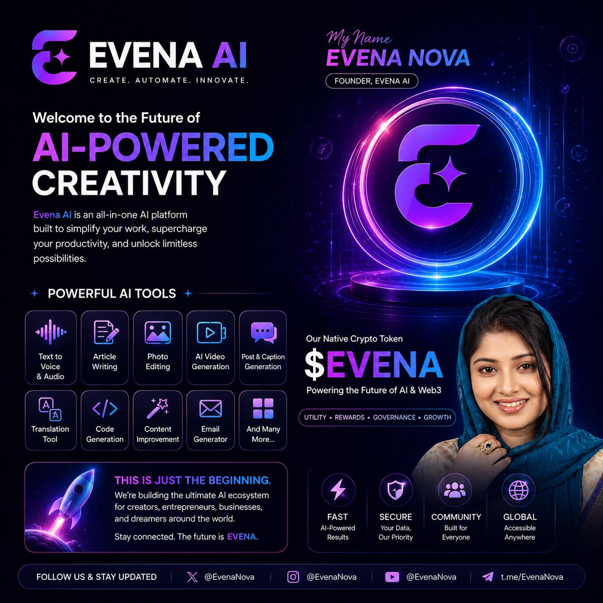 EvenaNova's tweet photo. 🚀 Meet EVENA AI — Create, automate &amp; innovate with AI. 🎙️ Text-to-Voice, ✍️ AI Writing, 🎬 AI Video, 🖼️ Photo Editing &amp; more. Powered by $EVENA. Join the future. @EvenaNova #EVENAAI #AI #Web3 https://t.co/RWVZYHK68X