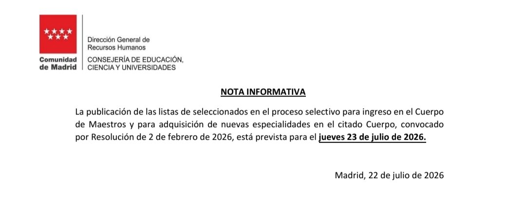 CSIFENSEMADRID's tweet photo. 🟢 Nora informativa: Listas seleccionados.
📆 Mañana, jueves 23 de julio‼️
#maestros #oposiciones #seleccionados #prácticas https://t.co/bmbdlVh6rC