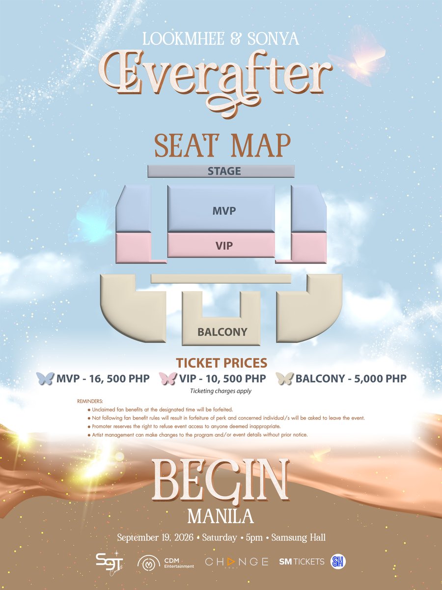 S9TConcert's tweet photo. Tale as old as time, true as it can be
LMSY will be back, a dream for you and me ❤️

Manila! Your wait is over.

Lookmhee & Sonya are coming back to the Philippines and this time, they're ready to begin a new chapter with you. 📖

📃 LOOKMHEE SONYA "EVERAFTER: BEGIN" IN MANILA 
📅 September 19 | Saturday | 5 PM 
📍 Samsung Hall

Tickets go on sale August 8, 2026, 1:30 PM via SM Tickets outlets and https://t.co/HxHSYPovkB 🎟️

This one's gonna be magical. ✨ Don't miss it!

#LMSYEVERAFTER
#LMSYBeginInManila
#LookmheeSonya