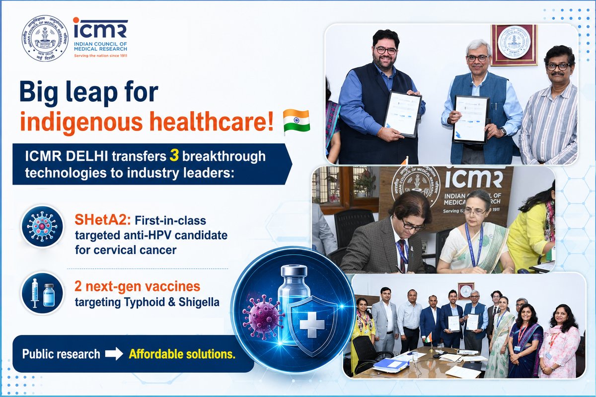 DeptHealthRes's tweet photo. Big leap for indigenous healthcare! 🇮🇳
ICMRDELHI transfers 3 breakthrough technologies to industry leaders:
🔹 SHetA2: First-in-class targeted anti-HPV candidate for cervical cancer
🔹 2 next-gen vaccines targeting Typhoid &amp; Shigella
Public research ➡️ Affordable solutions. https://t.co/XsJWOusu3H