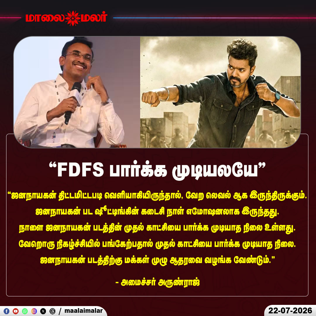 maalaimalar's tweet photo. FDFS பார்க்க முடியலயே - அமைச்சர் அருண்ராஜ்
#JanaNayagan #JanaNayaganMovie #Vijay #CMVijay #ThalapathyVijay #FDFS #FirstDayFirstShow #TamilCinema #TamilFilmNews #MovieRelease #Arunraj #TamilNaduPolitics #TamilNews #Maalaimalar https://t.co/idnEZFIBq7
