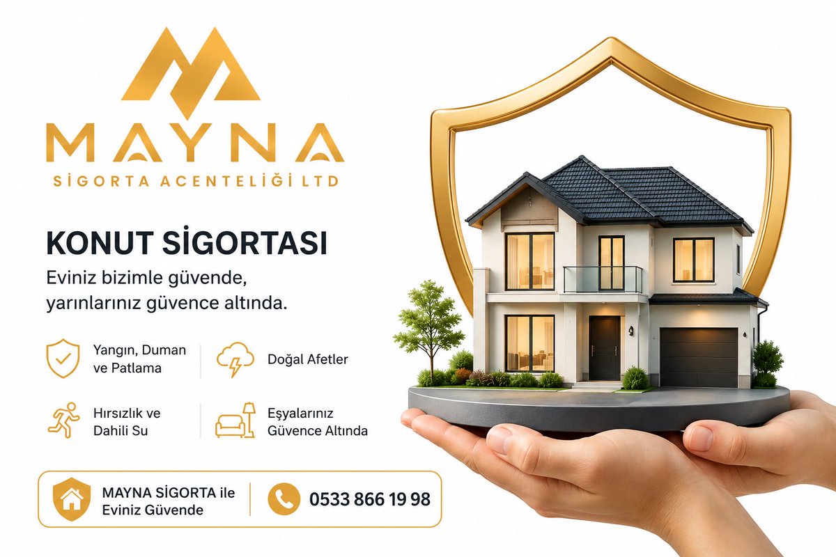 MaynaSigorta's tweet photo. 🏠 MAYNA Sigorta olarak; yangın, deprem, fırtına, su baskını, hırsızlık ve beklenmedik birçok riske karşı evinizi ve eşyalarınızı güvence altına alıyoruz.

✅ Uygun fiyatlı konut sigortası seçenekleri
✅ Hızlı ve profesyonel hizmet

📞 Hemen teklif alın: 0533 866 19 98 https://t.co/i4iwLeAva5