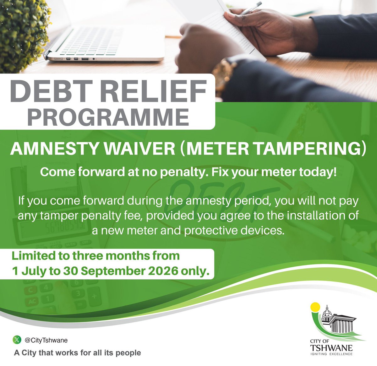 CityTshwane's tweet photo. Come forward at no penalty. Fix your meter today! #DebtReliefProgramme https://t.co/PdVAYLt2h2