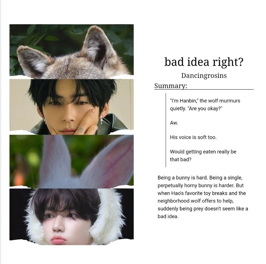 dancingrosins's tweet photo. bad idea right?

🐺 binneul (E)
🐰 15.2k one-shot
🐺 wolf bin, bunny neul
🐰 loser bin!!!
🐺 touch-starved neul, soft bin
🐰 outdoor/forest sex, size difference, height difference, reverse hyung kink (+ other tags)

🖇: https://t.co/hboBF282dg https://t.co/edU74DOLZY