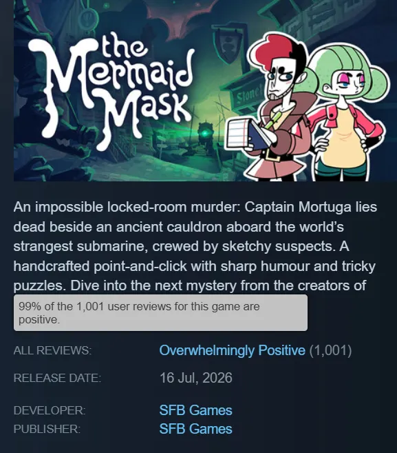 SFBDim's tweet photo. The Mermaid Mask has hit 1000 reviews on Steam! Thanks again to everyone who took the time to write a review - I've actually been reading them!! (Normally I'm too scared to read steam reviews)
https://t.co/pzMTpcw6fS https://t.co/OuzCOkA3Fv
