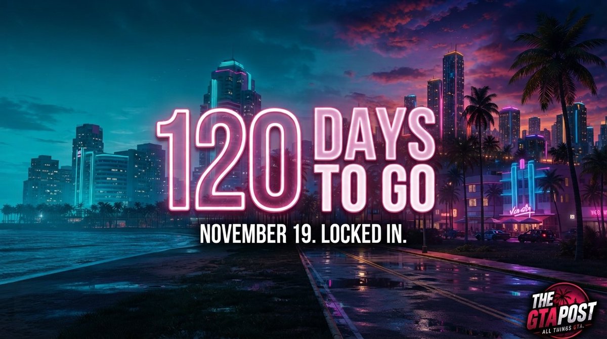 THEGTAPOST's tweet photo. 120 days to go.

120 mornings of "is it tomorrow yet?"
120 nights dreaming of Vice City.

November 19. Locked in.

What's your day-one plan?

#GTA6 https://t.co/oQKe6afTpF