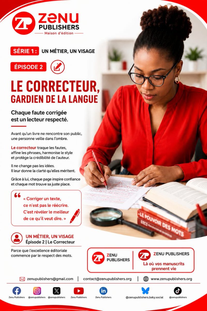 ZenuPublishers's tweet photo. 𝐔𝐍 𝐕𝐈𝐒𝐀𝐆𝐄, 𝐔𝐍 𝐌𝐄́𝐓𝐈𝐄𝐑 #𝟐 : 𝐐𝐔𝐈 𝐄𝐒𝐓 𝐋𝐄 𝐂𝐎𝐑𝐑𝐄𝐂𝐓𝐄𝐔𝐑 ?

Avant qu'un livre ne rencontre son public, un professionnel discret veille à la qualité de chaque mot : le correcteur. Découvrez aujourd'hui, son rôle essentiel👇

Éliminer les fautes, harmoniser le texte et améliorer la clarté, sans jamais trahir la pensée de l'auteur. Grâce au correcteur, chaque ouvrage gagne en crédibilité et offre une lecture fluide et agréable.

À travers cette série, ZENU Publishers vous fait découvrir les métiers qui donnent vie au livre en Afrique et dans le monde.

#ZenuPublishers #UnVisageUnMetier #LeCorrecteur #Correction #Edition #LivreAfricain #MetiersDuLivre #Episode2