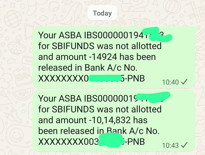 EibrinkJimmy's tweet photo. One Big HNI allotment message and 2 not allotted message so far 
SBI funds Management IPO https://t.co/jO7RAQiIE2