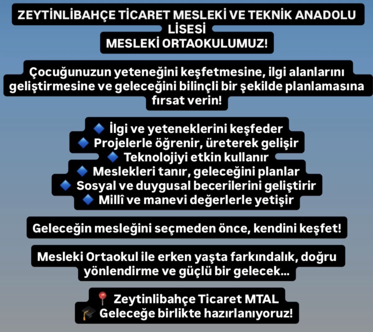 1943TML's tweet photo. ZEYTİNLİBAHÇE TİCARET MESLEKİ VE TEKNİK ANADOLU LİSESİ
MESLEKİ ORTAOKULUMUZ!
Çocuğunuzun yeteneğini keşfetmesine, ilgi alanlarını geliştirmesine ve geleceğini bilinçli bir şekilde planlamasına fırsat verin!
🔹 İlgi ve yeteneklerini keşfeder
🔹 Projelerle öğrenir, üreterek gelişir https://t.co/aur0QgaDoH