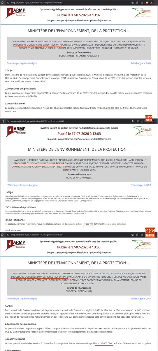 tassingremi's tweet photo. 3 marchés en «procédure d'urgence» au MINEPDED pour 8 véhicules, prevision 305 millions FCFA. Pareil à @Univ_Dschang pour 5 véhicules, 132 millions FCFA et 1 véhicule au CNDT pour 50 millions FCFA #EndMotoCraziness https://t.co/ibOZ3piEX4