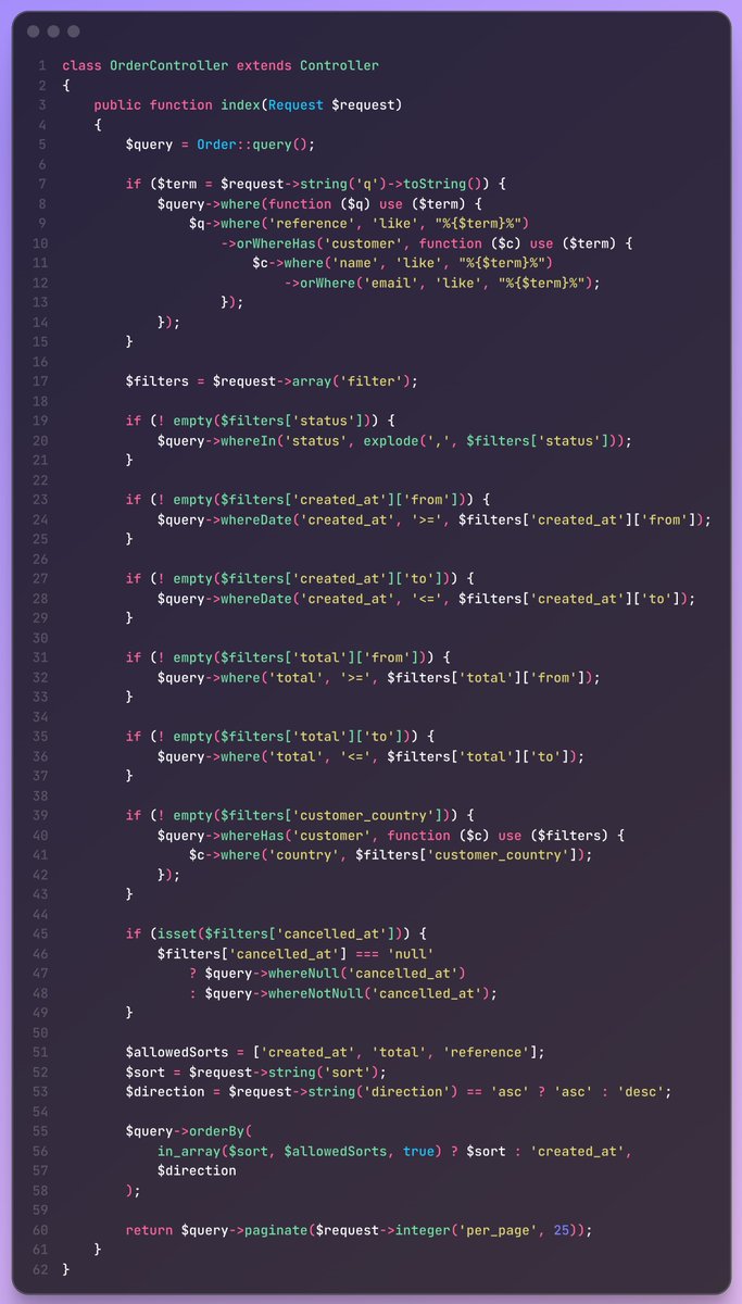 omoba_bello's tweet photo. I got tired of rewriting the same 60-line controller in every Laravel project. Whitelist the sort column, explode the CSV filter, branch on date ranges, orWhereHas the relation.

Repeat.

So I built laravel-queryable [https://t.co/qgl1szJG2S].

Declare your searchable, filterable, and sortable fields once on the model. Your controller becomes one fluent chain.

Less boilerplate. More shipping.

#Laravel #PHP