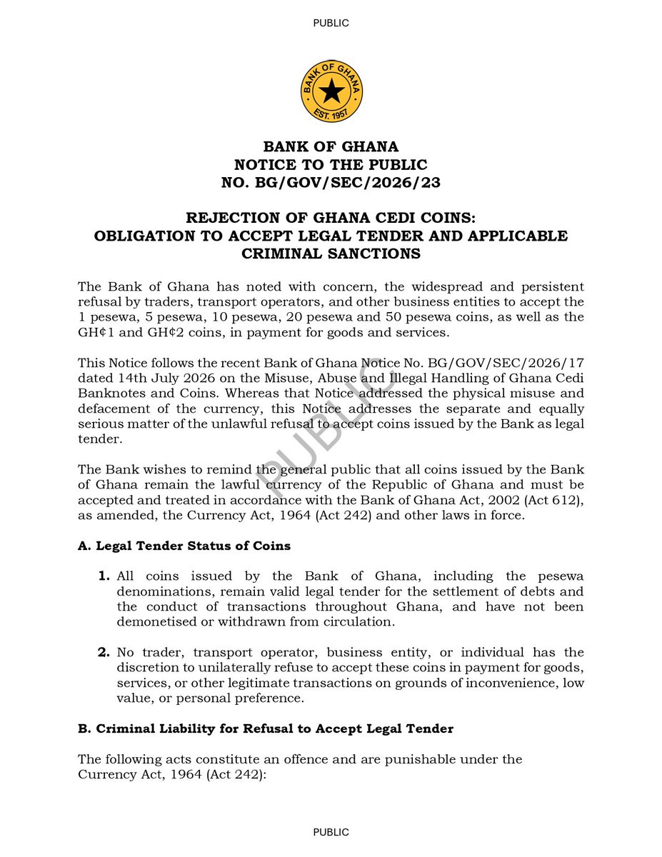 thebankofghana's tweet photo. Notice: Rejection of the Ghana Cedi Coins -  Obligation to accept Legal Tender and Applicable Criminal Sanctions. https://t.co/cFEthi6Flm