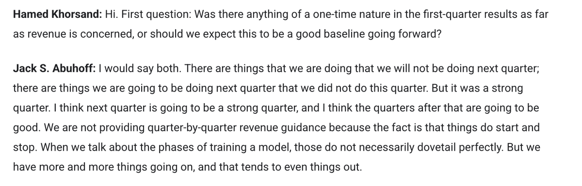 PathosSeek's tweet photo. $INOD shorts are betting that Q1 growth was a one-time event, while CEO's basically saying - Q2 will be strong, and yes it may not have the things we did in Q1, but "we have more and more things going on, and that tends to even things out". 

I have full faith in Abuhoff because I know what kind of CEO he is, if you look at the history of the company, there were times when they were on the edge of bankcruptcy and CEO didn't give up. Right now they're positioned very well to benefit from AI's growing demand. Long $INOD.