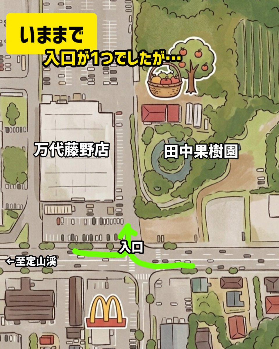 tanakakajyuen's tweet photo. ⚠️お知らせです
田中果樹園、万代札幌藤野店様の駐車場出入り口が変更となります。
出口は今まで通りですが、入り口が２ヶ所となります。
看板も新設しておりますので、ご注意の上お入りください🙏
尚、今までと変わらず万代様の駐車場は共用となります。よろしくお願いいたします。
#万代 #田中果樹園 https://t.co/dzvxWwGkhL