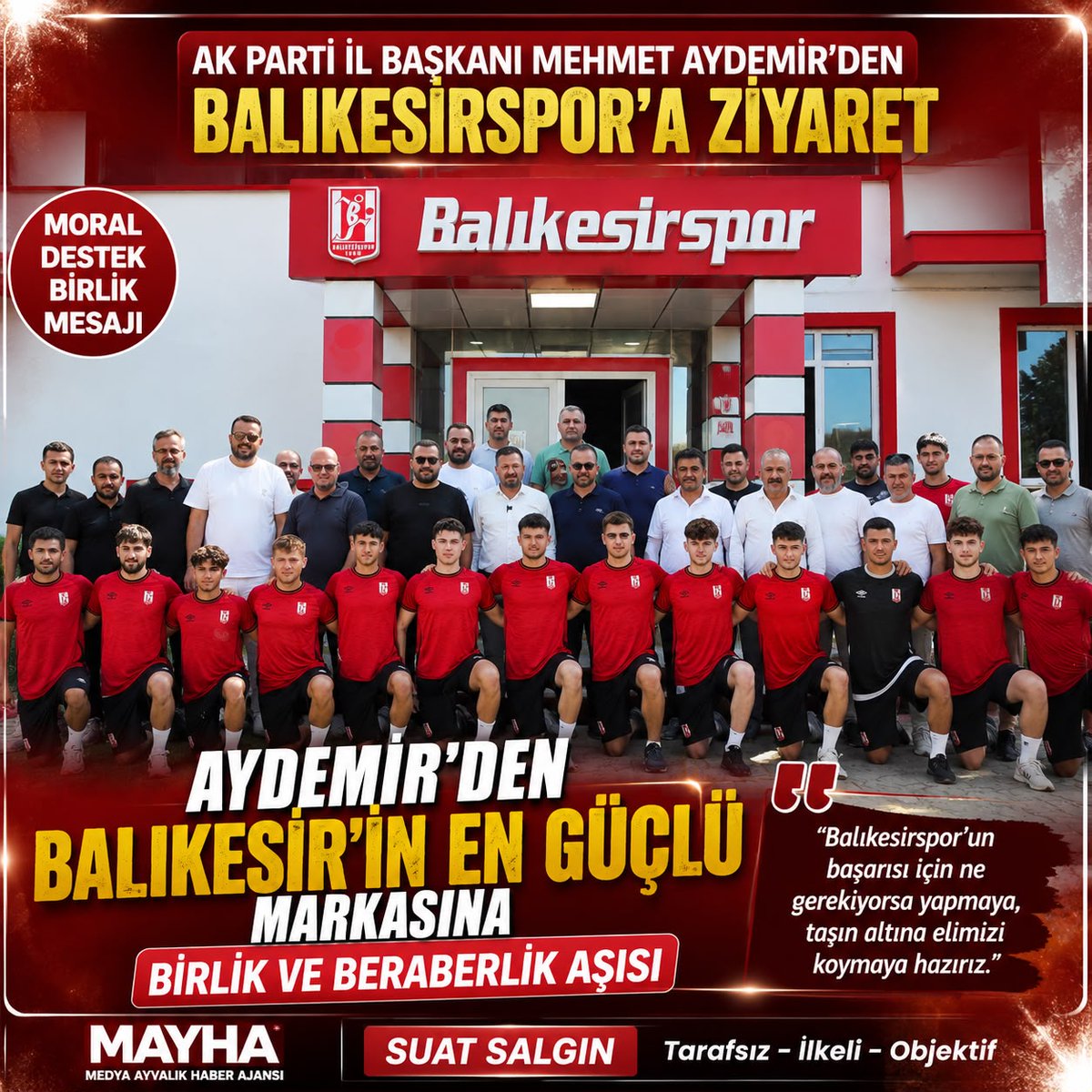 suatsalgin's tweet photo. AK PARTİ İL BAŞKANI AYDEMİR’DEN BALIKESİRSPOR’A MORAL ZİYARETİ
(MAYHA) - AK Parti Balıkesir İl Başkanı Mehmet Aydemir ve yönetim kurulu üyeleri, Balıkesirspor Kulübü’nü ziyaret ederek yeni Başkan Mert Acar, yönetim kurulu ve futbolcularla bir araya geldi. 
#MAYHA #medyaayvalık https://t.co/gPa37KO1u4