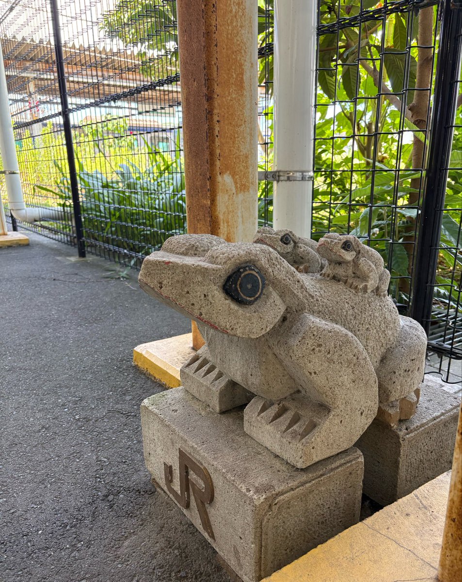 why_miurahantou's tweet photo. JR久里浜駅にカエルがいた。駅員さんにたずねると、「無事に帰る」という願いから設置されたそうです https://t.co/Np3Yqxafyo