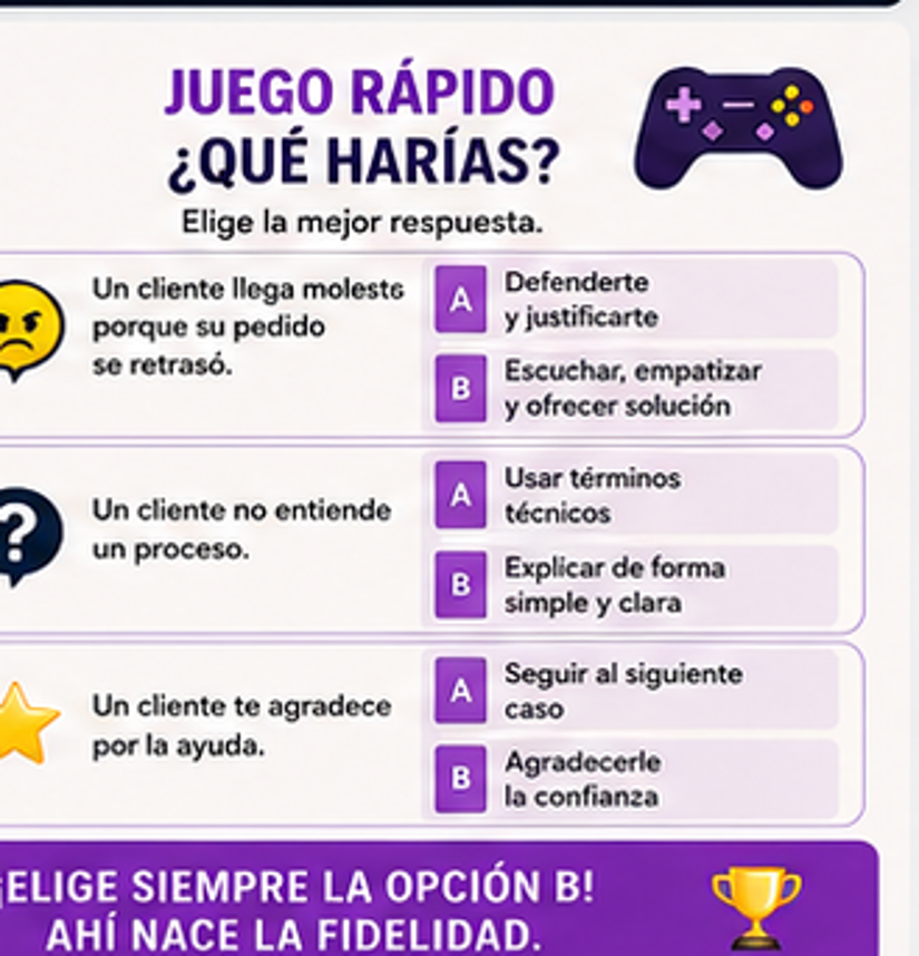 SACame_Partido's tweet photo. Juego rápido: ante un cliente molesto, ¿te defiendes o escuchas y propones una solución? Si no entiende, ¿usas tecnicismos o explicas con claridad? Las pequeñas decisiones construyen fidelidad. #JuegoFormativo #AtenciónAlCliente https://t.co/tktQQLW2Mw