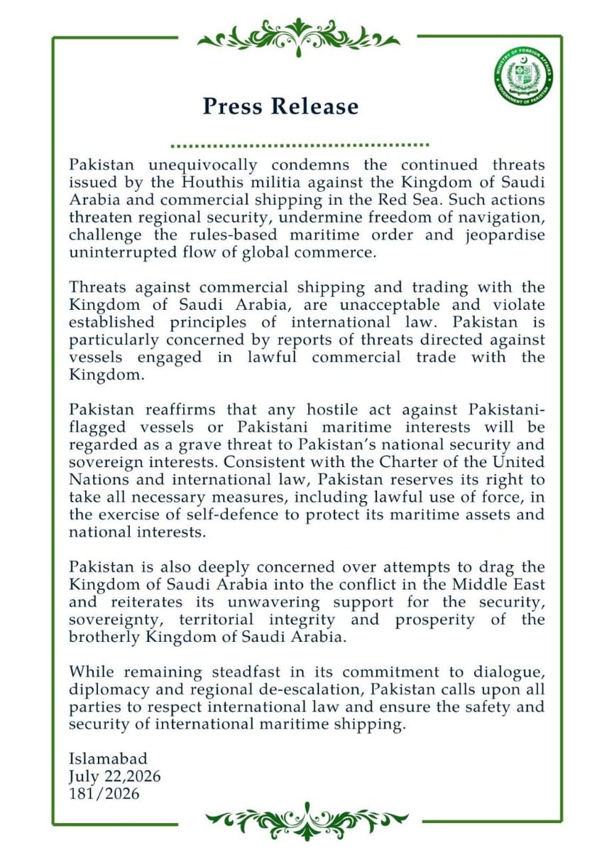 Reality_Check41's tweet photo. Breaking 🚨: Pakistan has effectively taken a stance against Iran. 🇵🇰⚠️

In an official statement, Pakistan has strongly condemned the continued threats posed by the Houthi militants — described by Pakistan as an Iranian proxy group — against Saudi Arabia and commercial vessels in the Red Sea.

The Pakistani government added that threats against Saudi Arabia are unacceptable and cannot be tolerated.