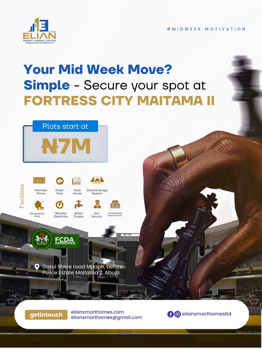 Eliansmarthomes's tweet photo. Midweek move: secure your plot at Fortress City Maitama II.

Plots start at ₦7M. FCDA approved.
Your next smart move is one plot away. ♟️

#MidweekMotivation #ElianSmartHomes https://t.co/PrRcdYUK4g
