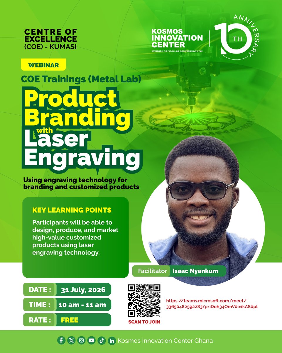 kicghana's tweet photo. Join Kosmos Innovation Center (KIC) for an exciting practical training session on Product Branding with Laser Engraving.

Date: 31st July​
Time: 10.00am​
Join here: https://t.co/RorhnOQOEU https://t.co/1DnSgYxYTP