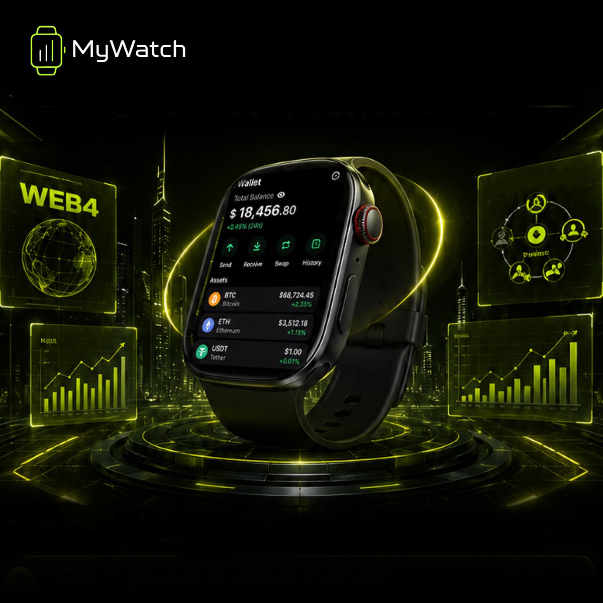 _MyWatch's tweet photo. Web4.0，不只是连接网络，而是连接你的价值。

MyWatch 将智能硬件与数字生态融合，
让手腕成为进入 Web4.0 世界的新入口。

⌚ 数字资产管理
📊 实时市场连接
💳 智能支付体验
❤️ 健康数据记录
🌐 MY 生态互联

从信息获取，到价值流转，
MyWatch 正在重新定义下一代智能设备。

未来已来，
把 Web4.0 戴在手上。