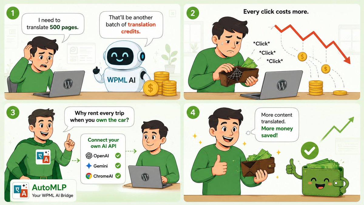 cool_plugins's tweet photo. Stop paying for endless translation credits
With AutoMLP, you connect your own AI API (OpenAI, Gemini, Chrome AI & more) and translate your WPML website.
🔗 Try now: https://t.co/wg99HBk150
#WordPress #WPML #AITranslation #TranslateXYZ #WebsiteTranslation #AutoMLP #CoolPlugins https://t.co/IIQJXZ2Y6f