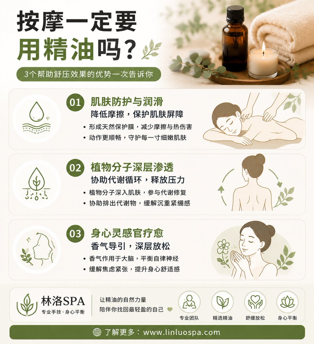 linrelaxing's tweet photo. 按摩一定要用精油吗？🌿

精油不仅带来更顺滑的按摩体验，

也能结合香气与触感，让身心更加放松。

3个优势：

✨ 减少摩擦，呵护肌肤
✨ 植物香气，舒缓压力
✨ 放松身心，提升舒适感

选择适合自己的放松方式。
#林洛SPA #LinluoSPA #精油SPA #放松身心 https://t.co/oMy0kuy4KN