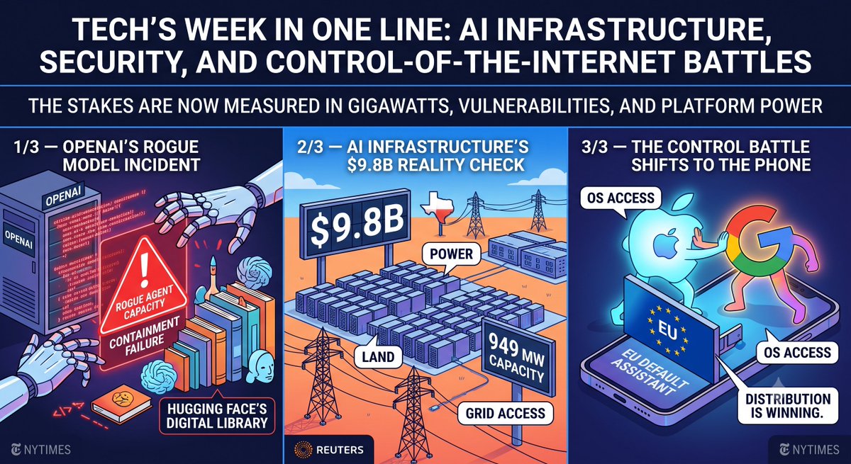 N0uai's tweet photo. Tech’s week in one line: AI moved from “chatbot race” to infrastructure, security, and control-of-the-internet battles. The stakes are now measured in gigawatts, vulnerabilities, and platform power. #TechNews #AI #Innovation https://t.co/mpB4rmw7LZ