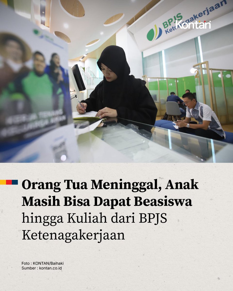KontanNews's tweet photo. Banyak yang belum tahu, BPJS Ketenagakerjaan bukan cuma memberikan santunan.

Anak peserta juga bisa memperoleh beasiswa pendidikan jika peserta meninggal dunia atau mengalami cacat total tetap akibat kecelakaan kerja. https://t.co/ofqiKMk6sa