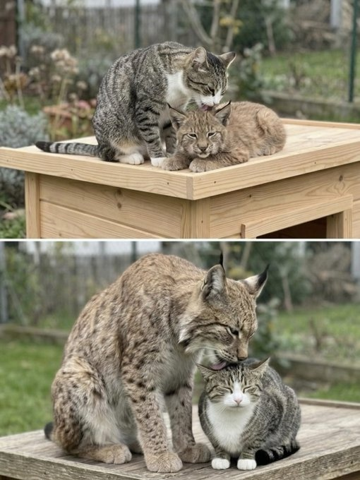 KateriSeraphina's tweet photo. Brielle Easton
Alors que Nick n'était qu'un tout petit lynx, sa mère l'a rejeté, le laissant orphelin et seul. Il a été emmené dans un centre de réhabilitation de la faune sauvage, où une mère adoptive inattendue est intervenue : une chatte domestique nommée Masha.

Bien que personne ne sache si le petit lionceau survivrait, Masha l'a immédiatement accepté comme son propre fils.

Elle l'a soigné, a dormi à ses côtés, l'a réconforté et l'a aidé à s'élever durant ses jours les plus vulnérables.

Sous les soins de Masha, Nick, petit lionceau sans défense, devint un lynx fort et robuste. Malgré sa croissance, une chose demeura inchangée : son amour pour la chatte devenue sa mère.