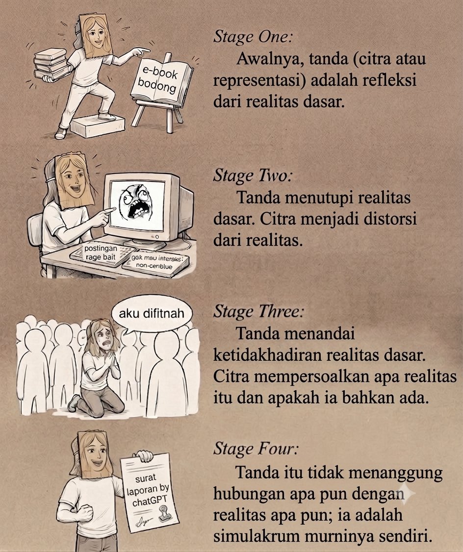 NarasiVisual's tweet photo. Dari kasus akun bodong, kontroversi program populis, sampai konflik geo-politik, yang tengah berlangsung, kita dapat menarik satu kesimpulan:

Begitu masuk timeline, mereka sering berganti wujud.

Bukan lagi bahan diskusi yang berujung kesimpulan, tapi berakhir sebagai tontonan.

Substansinya terlalu berat buat discroll. Jadi yang naik ke permukaan malah pinggirannya: statement nyeleneh, drama antar tokoh, meme yang lebih enak di-share ketimbang isi pesannya.
Ia bertransformasi menjadi citra yang lama-lama gak lagi nunjuk ke kejadian aslinya.

Kita seolah tersihir akan pertunjukannya. Sampai lupa akan apa dan siapa yang bergerak di balik layar.

Di situ liciknya.

Pertunjukannya bukan cuma diam-diam nutupin konflik aslinya. Dia MENGGANTIKAN.

Saat semua fokus habis buat nonton drama, pertanyaan “sebenernya masalah apa sih yang sedang kita diskusikan” pelan-pelan dilupakan.

Sang aktor terbebas dari histori lamanya dan bersiap untuk pertunjukan berikutnya.

Diskursus semestinya bergerak ke arah kesimpulan yang bermanfaat bagi para audiens yang berpartisipasi, bukan sekedar sinetron kejar tayang.

Jangan anggap ini masalah sepele, karena polanya sama dan seringkali diamplifikasi dalam skala yang lebih masif, baik global sampai internasional.

Terutama kala masyarakat kita masih dengan mudahnya terjebak di dalamnya.