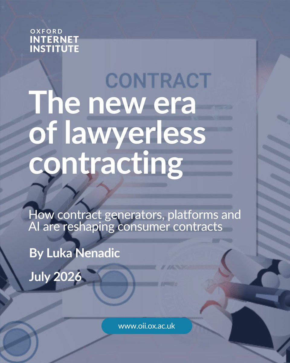 oiioxford's tweet photo. 📚 New blog alert! Contract generators, platforms, and AI are reshaping consumer contracts. Luka Nenadic explains how and highlights the potential pitfalls and policy implications. Read the full piece: https://t.co/D17TxjEX9d https://t.co/6TCSVYeVxk