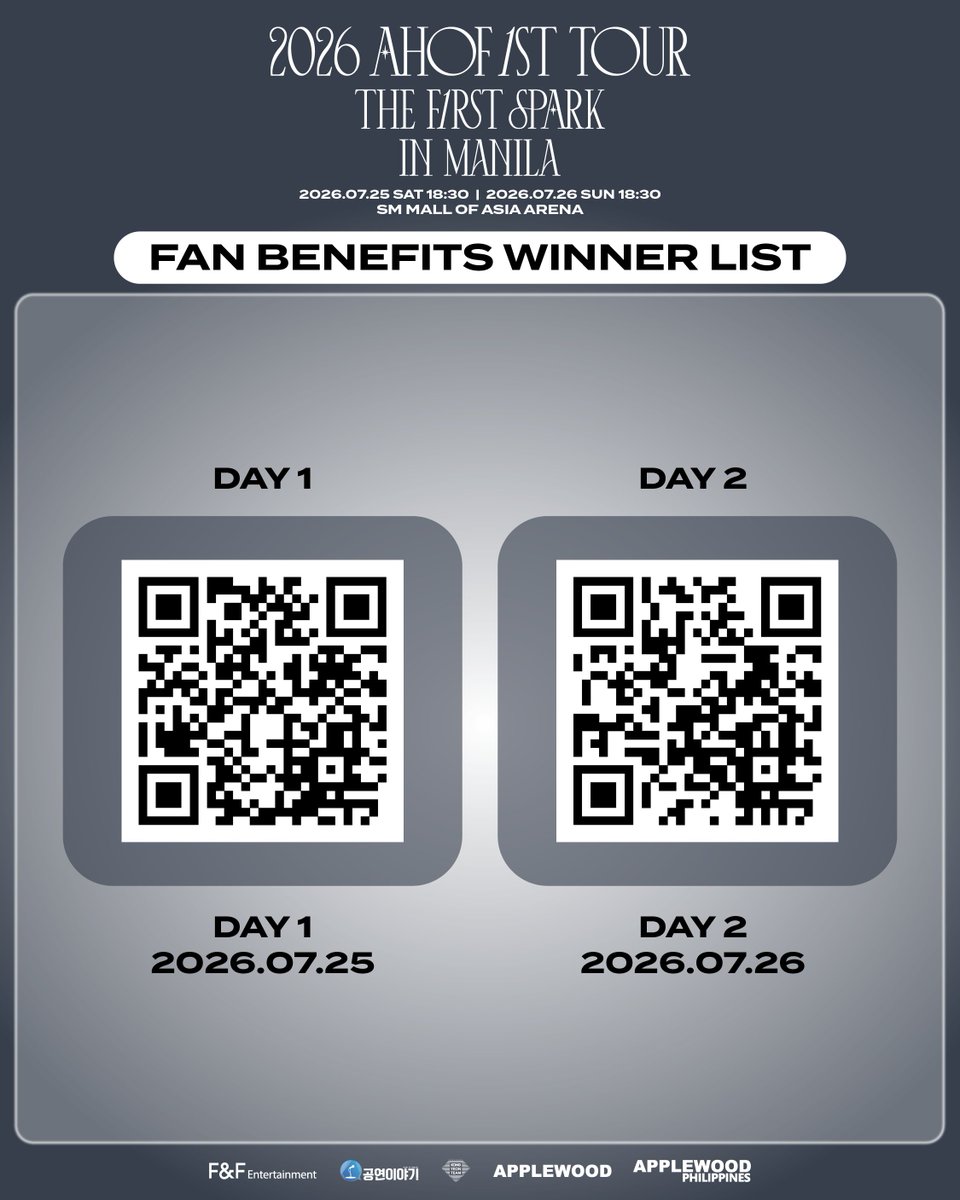 applewood_ph's tweet photo. 🎉 The Fan Benefits Winners List is finally here! 💙
Congratulations to all the lucky FOHA! ✨
Please make sure to check the Fan Benefits Winners List carefully and confirm your assigned benefit.
Your chance to get even closer to AHOF awaits. 
We'll see you in Manila for a truly unforgettable experience! 💙❤️‍🔥

𝟐𝟎𝟐𝟔 𝐀𝐇𝐎𝐅 𝟏𝐒𝐓 𝐓𝐎𝐔𝐑: 𝐓𝐇𝐄 𝐅𝐈𝐑𝐒𝐓 𝐒𝐏𝐀𝐑𝐊 𝐈𝐍 𝐌𝐀𝐍𝐈𝐋𝐀
📅 2026.07.25 (SAT) 18:30
📅 2026.07.26 (SUN) 18:30
📍 SM MALL OF ASIA ARENA

🔗 Ticketing Site :
07.25 🔗https://t.co/DtMF2gWUQL
07.26 🔗https://t.co/FycfsLnCsH 

#AHOF #아홉
#THE_FIRST_SPARK
#THE_FIRST_SPARK_IN_MANILA
#APPLEWOOD #APPLEWOODPH