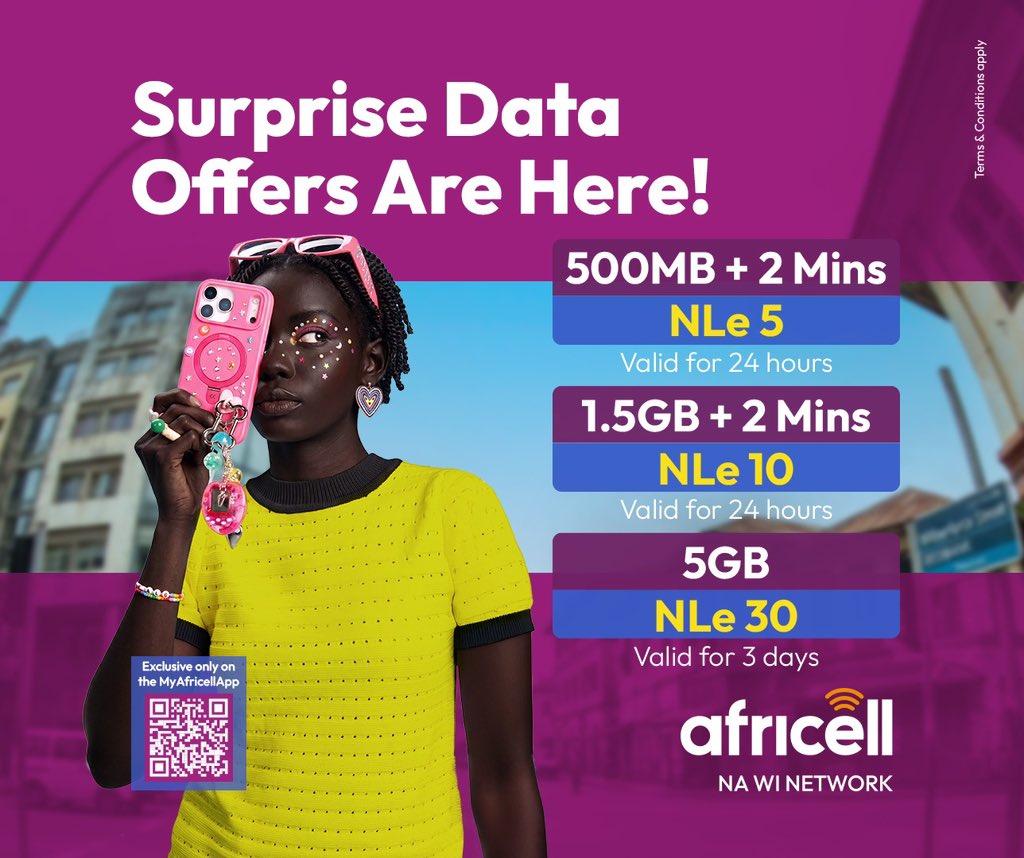 AfricellSalone's tweet photo. Who doesn’t love surprises?😉💜. 

Exclusive Data offers are now available exclusively on our #MyAfricellApp🤩. 

Whether you need a quick bundle or more data to keep you connected, we’ve got your back👌🏾. 

Scan the QR code or click the link👉🏾 https://t.co/WY14fdvHZY to download and register now to enjoy these amazing deals😉💜.

Terms and Conditions Apply🙏🏾.

#AfricellSL
#DiNetwork4U
#SaloneTwitter
#SaloneX