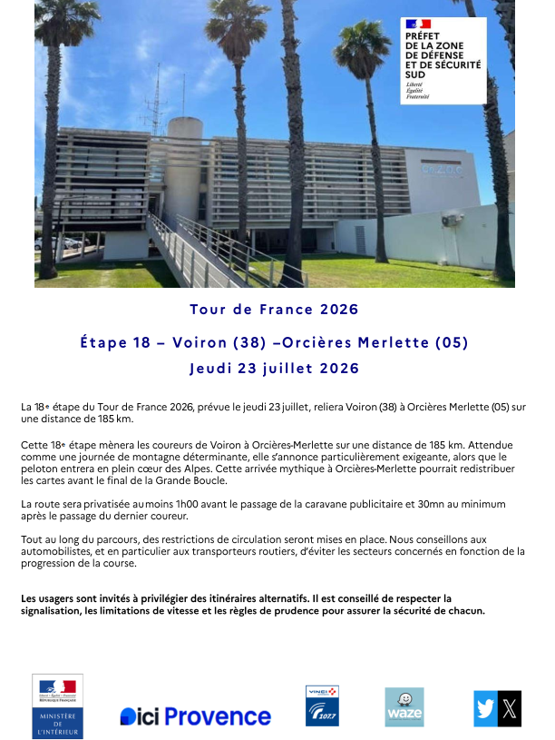 cezocsud's tweet photo. Communiqué CRZ Sud - Étape 18 du mardi 14 juillet 2026 du TDF 2026 - Voiron (38) - Orcières-Merlette (05). https://t.co/N3Tr2tmTTY