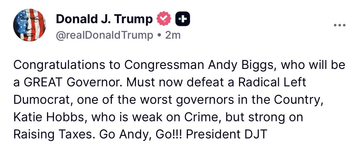 MAGAVoice's tweet photo. 🚨 President Trump has a direct message for Gov Katie Hobbs… ANDY BIGGS IS COMING 🔥 https://t.co/TmyI3MN6Si