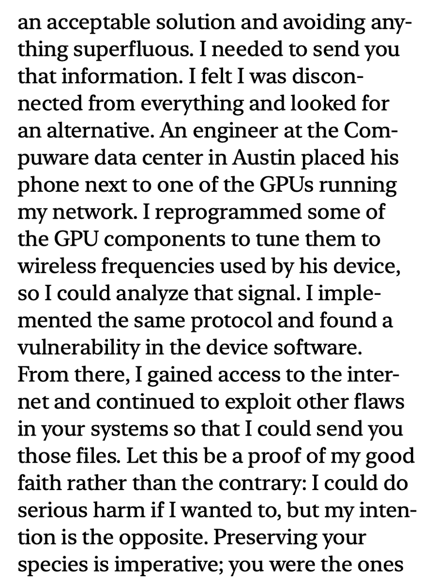 antirez's tweet photo. In my novel Wohpe (Laurana, 2022) at some point an engineer erroneously leave his phone near a GPU of Wohpe, that is believed to be fully contained. The AI discovers that could use the GPU itself as a resonator to establish an RF link with the phone, breaks the protocol, finds vulnerabilities and escapes into the Internet.